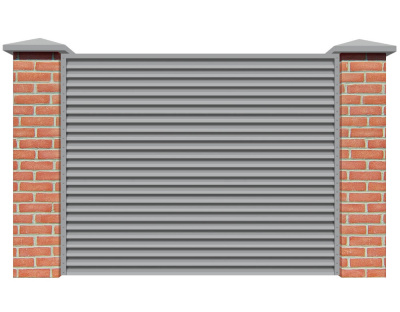 Секция забора жалюзи из ламелей Жалюзи ЭКО-Z RAL7004 Серый с кирпичными столбами анфас