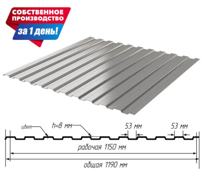Профнастил С-8 Оцинкованный шириной 1,19 м. длиной 2,00 м т0,45 мм